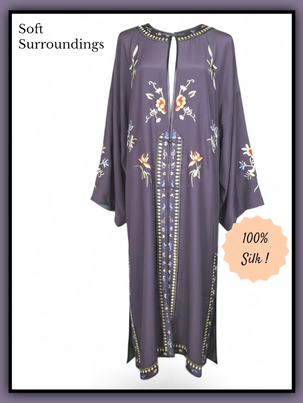 Vintage Soft Surroundings Embroidered Plum Silk Kimono Maxi Midi Dress Large